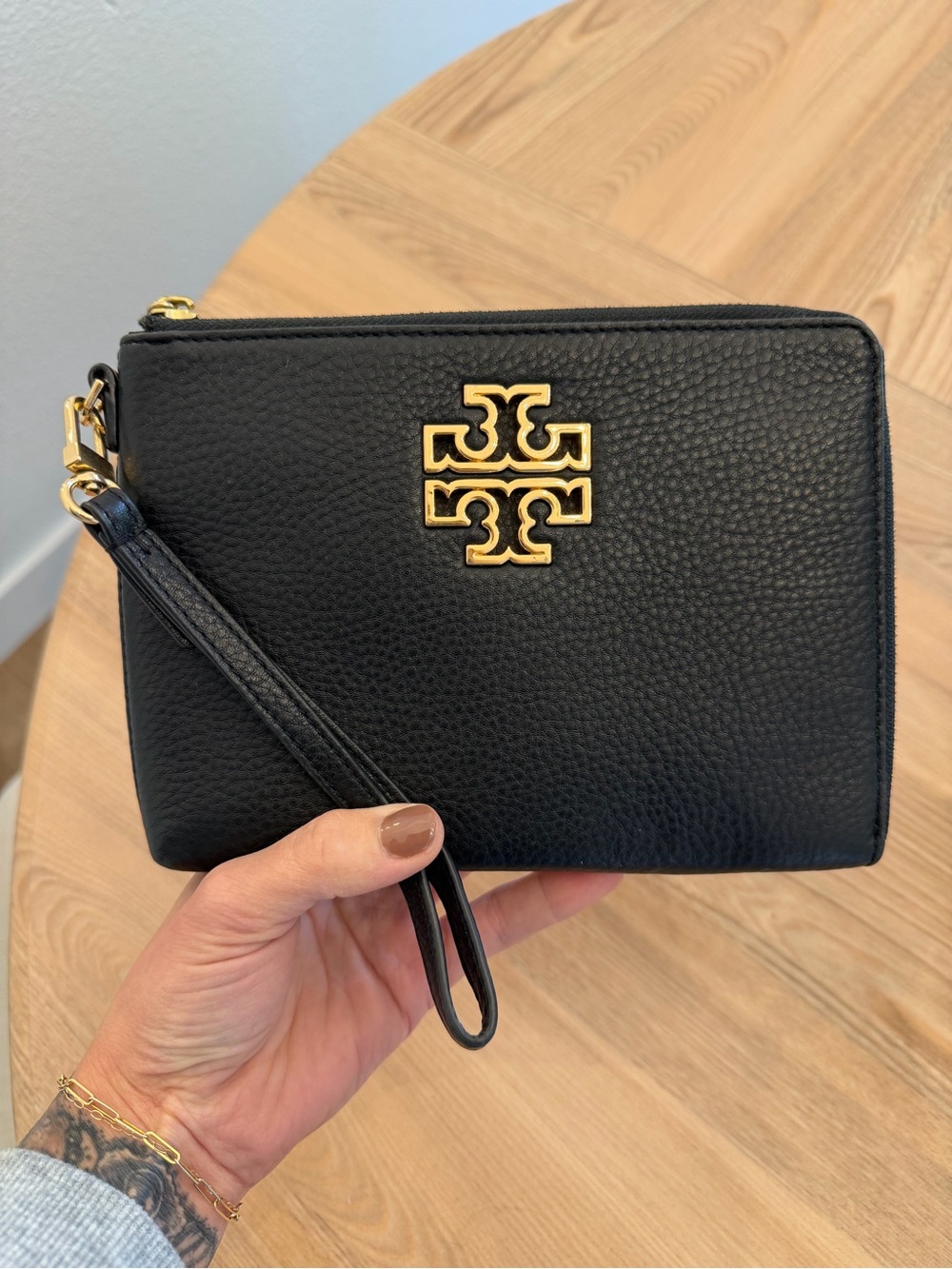 Tory Burch Black Pebbled Leather Wristlet with Gold Logo Accent